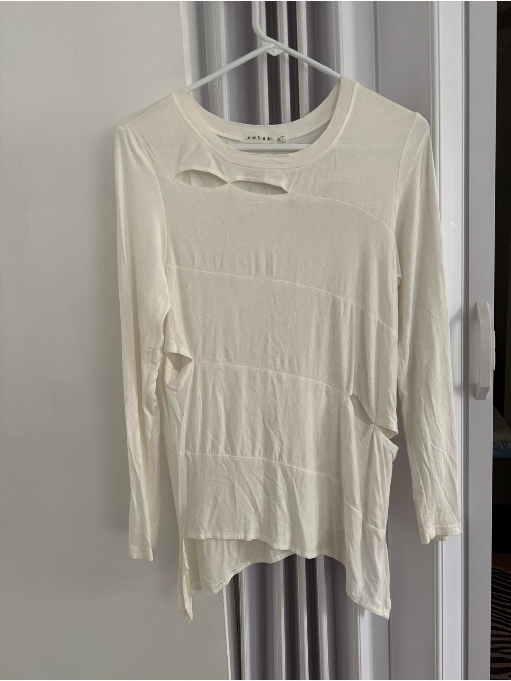 “Rehab” Cream Long-Sleeve Distressed  with cut out Crewneck Top